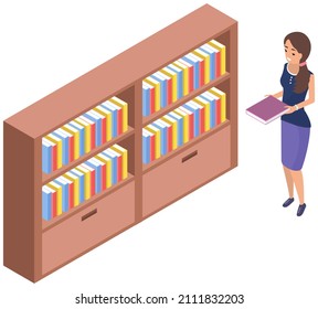 Student taking book at library vector icon bookcase. Female person study at school, college or university reading room. Girl at bookstore standing near bookshelf with stacks of books isolated on white