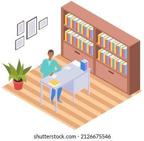 Student taking book at library vector icon bookcase. Male person study at school, college or university reading room. Man at home sitting at table near bookshelf with books isolated on white