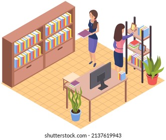 Student taking book at library vector icon bookcase. Female person study at school, college or university reading room. Girl at bookstore standing near bookshelf with stacks of books isolated on white