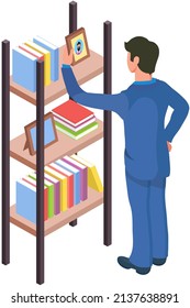 Student taking book at library vector icon bookcase. Male person study at school, college or university reading room. Man at bookstore standing near bookshelf with stacks of books isolated on white