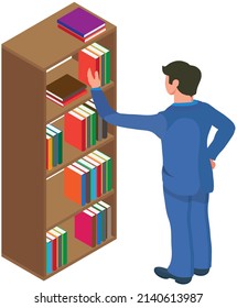 Student taking book at library vector icon bookcase. Male person study at school, college or university reading room. Man at bookstore standing near bookshelf with stacks of books isolated on white