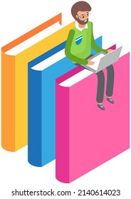 Student taking book at library vector icon bookcase. Male person study at school, college or university reading room. Man at bookstore standing near bookshelf with stacks of books isolated on white