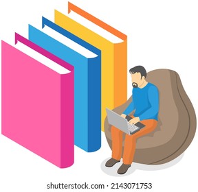 Student taking book at library vector icon bookcase. Male person study at school, college or university reading room. Man at bookstore standing near bookshelf with stacks of books isolated on white