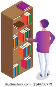 Student taking book at library vector icon bookcase. Male person study at school, college or university reading room. Man at bookstore standing near bookshelf with stacks of books isolated on white