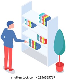 Student taking book at library vector icon bookcase. Male person study at school, college or university reading room. Man at bookstore standing near bookshelf with stacks of books isolated on white