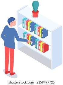 Estudiante tomando un libro en la biblioteca del icono vector. Estudia en la escuela, universidad o sala de lectura. Hombre en la librería parado cerca de la estantería con pilas de libros aislados en blanco