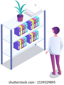 Student taking book at library vector icon bookcase. Male person study at school, college or university reading room. Man at bookstore standing near bookshelf with stacks of books isolated on white