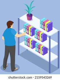 Student taking book at library vector icon bookcase. Male person study at school, college or university reading room. Man at bookstore standing near bookshelf with stacks of books isolated on white