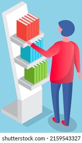 Student taking book at library vector icon bookcase. Male person study at school, college or university reading room. Man at bookstore standing near bookshelf with stacks of books isolated on white