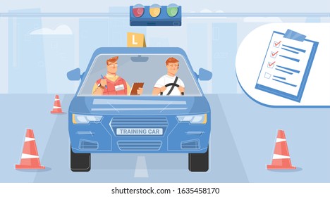 Student taking driving test with instructor flat design background vector illustration