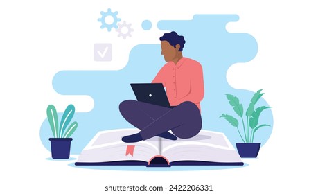 Estudiante aprendiendo - persona negra sentada en un libro con computadora portátil estudiando en línea y leyendo. Concepto de escuela y de curso en diseño plano ilustración vectorial con fondo blanco