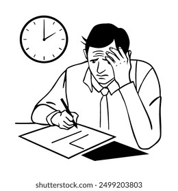 Student taking exams or writing test flat vector illustration. cartoon student stress during exam. education concept.