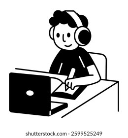A student taking online lecture on laptop, hand drawn illustration 
