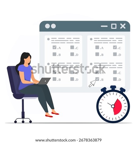 Student taking a timed test on a laptop. Online exam concept. Online education and study on deadlines and timers. Digital exam setting in school or university.