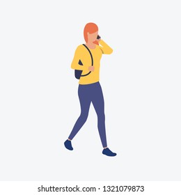 Student talking on cell flat icon. Walking woman, girl, backpack. City life concept. Can be used for topics like smartphone, communication, connection