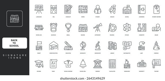 Student and teacher in class, diploma of graduate, languages thin black symbols vector illustration. Back to school, knowledge of library books, study and exam, online education line icon set.