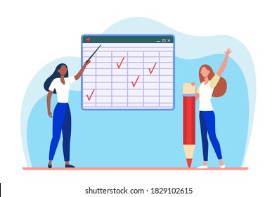 Student and teacher at class. Pointing at matrix blackboard, raising hand for answer flat vector illustration. Online course, education concept for banner, website design or landing web page
