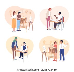 Student teacher communication 2D vector isolated illustration set. Educator helping pupil flat characters on cartoon background. Colorful editable scene pack for mobile, website, presentation
