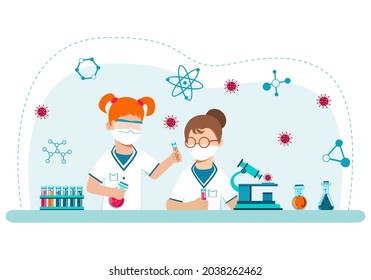 The student and the teacher conduct biochemical studies under a microscope. Chemistry. Laboratory. Analysis. Flu. Virus. Health. Medicine.