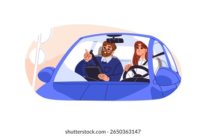 Estudante e professor da escola de condução dirigem um carro juntos. Garota aprende a obter carteira de motorista. Instrutor ensina regras de trânsito, treinamento de carro na estrada. Ilustração de vetor isolado plano em branco