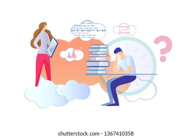 Student and Teacher Faceless Characters. Man Sitting at Desk with Books Pile and Thinking of Mathematics and Algebra Formulas, Woman Stand with File Folder in Hands. Cartoon Flat Vector Illustration.