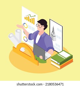 Student or teacher learning or teaching architecture isometric 3d vector illustration concept for banner, website, illustration, landing page, flyer, etc.