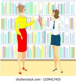 A student and teacher in the library. Lovely girl looking for books for the lesson. Next shelf of the cabinet with books. Vector illustration.