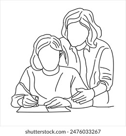 Student and teacher line art back to school. education, kindergarten, lesson and concept of a teacher standing in front of students and showing a book.