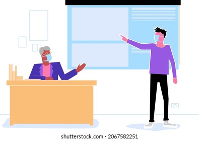 Student and teacher with mask in class during presentation
