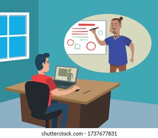 student and teacher with online education technology for the coronavirus, vector illustration
