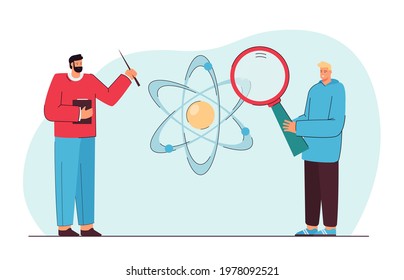 Student and teacher passionate about science. Flat vector illustration. Young man with giant magnifying glass, professor with pointer, atom model in background. Science, education, physics concept