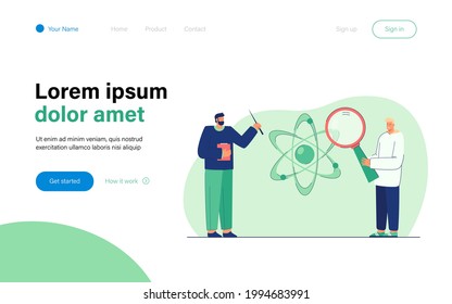 Student and teacher passionate about science. Flat vector illustration. Young man with giant magnifying glass, professor with pointer, atom model in background. Science, education, physics concept