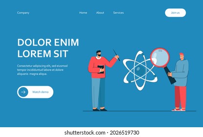 Student and teacher passionate about science. Flat vector illustration. Young man with giant magnifying glass, professor with pointer, atom model in background. Science, education, physics concept