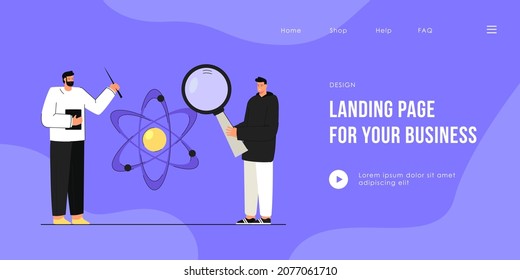 Student and teacher passionate about science. Flat vector illustration. Young man with giant magnifying glass, professor with pointer, atom model in background. Science, education, physics concept
