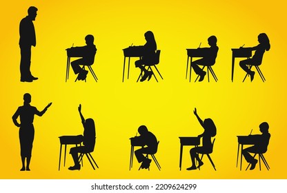 Student teacher silhouette set. punishing student, giving book, showing mobile, discussing with teacher