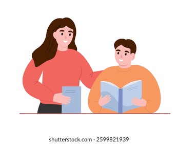 Student and teacher studying. Boy reading a book. Learning process. Vector flat graphics.