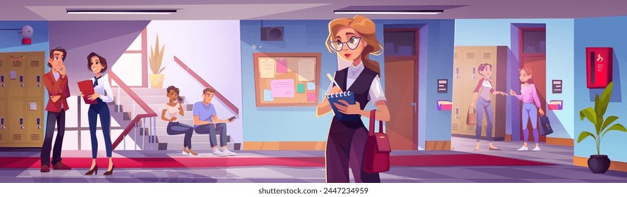 Student and teacher talking in school corridor. Hallway interior with door to classroom and locker cartoon background. University or college indoor hall design scene. Campus aisle with community