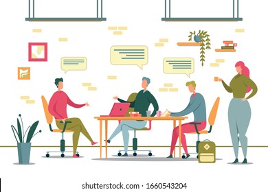 Student Teamwork, Collective Learning Concept Flat Cartoon Vector Illustration. Boys Sitting at Table with Laptop, Pile Books and Cups for Drink. Training at University or College. Girl Standing.