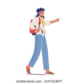 Personaje femenino adolescente con mochila, paseo aislado en fondo blanco. Passerby de joven con un viaje en rocksack, ir a la universidad o trabajar. Ilustración de vectores de personas de caricatura