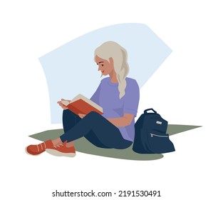 Student, teenager. A girl with a book sits on the grass. Relaxation. Student life. Vector image.