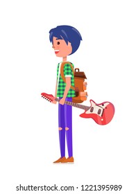 Student teenager with music instrument isolated vector. Person boy with backpack and electric guitar in hands. Modern and stylish male of young age