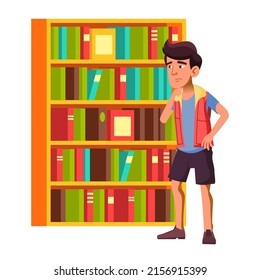 Student Teenager Thinking And Choosing Book Vector. Asian Boy Teenager Student Think And Choose Literature On Library Shelf. Pensive Character Teen Studying Flat Cartoon Illustration