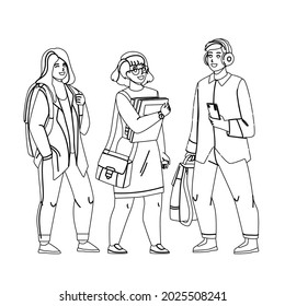 Student Teenagers Studying In University Black Line Pencil Drawing Vector. Young Boy Holding Smartphone And Listening Music In Headphones And Girls Student With Education Book . Illustration