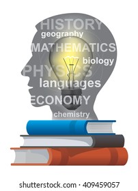 Student textbooks concept.
Stylized male  Head silhouette with light bulb, school subjects and books. Vector illustration. 
