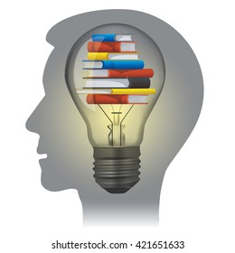 Student textbooks education concept.
Stylized male Head silhouette with light bulb and books. Vector available.. 
