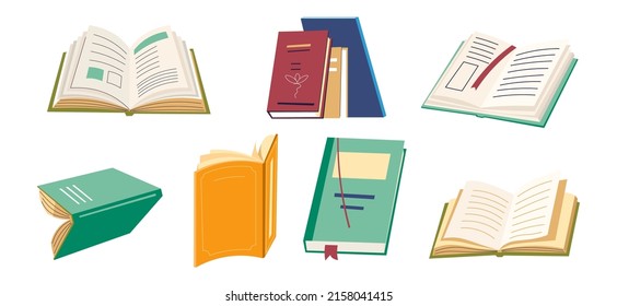 Student textbooks or literature, open books or diaries for education and obtaining knowledge at school. Learning and studying. Information in publication and documents folders. Vector in flat style