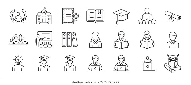 Iconos de línea fina de estudiante. Para diseño de marketing web, logotipo, aplicación, plantilla, ui, etc. Ilustración vectorial.