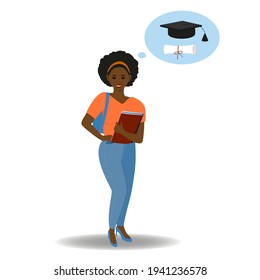 An аfrican student is thinking about going to university. A student dreams of graduation. The concept of graduation from school and the beginning of adulthood. Vector illustration in cartoon style