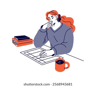 Student thinking, does homework, studies with textbooks. Girl writing, takes notes in copybook, learning with books at the desk. School education. Flat isolated contour vector illustration on white