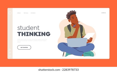 Student Thinking Landing Page Template. Pensive Boy Sitting With Laptop And Paper Sheet Think on task, Studying or Prepare to Exams, Analyzing Educational Materials. Cartoon People Vector Illustration